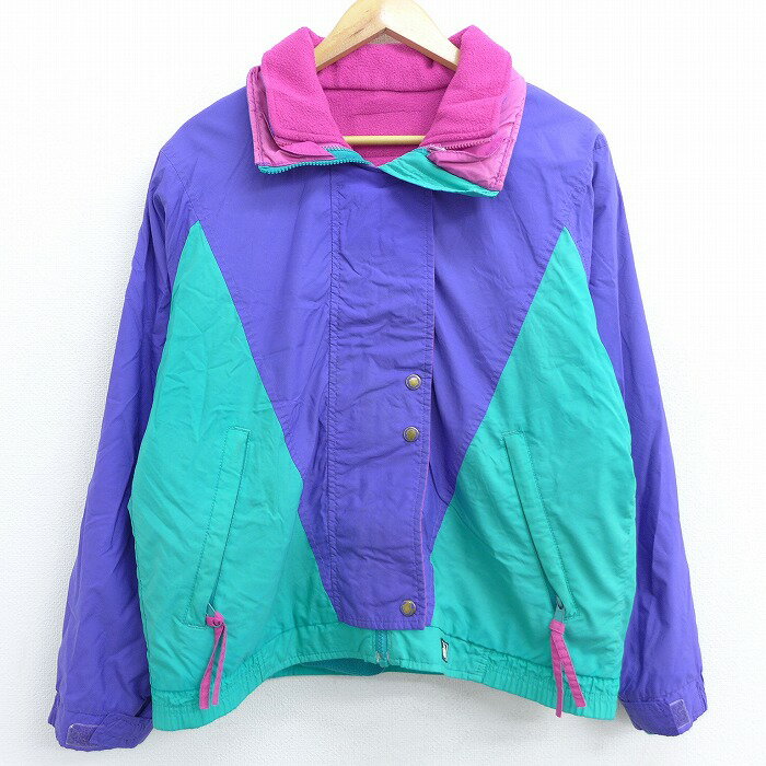 【中古】古着 レディース 長袖 ナイロンジャケット 90年代 90s ウールリッチ WOOLRICH ワンポイントロゴ ラグラン リバーシブル マルチカラー 紫他 パープル 内側フリース 【spe】 中古 アウター ウインドブレーカー | 秋冬 秋物 秋服 冬物 冬服 カジュアル レディース