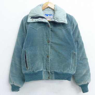 【中古】古着 レディース 長袖 コーデュロイ ダウンジャケット 80年代 80s 太畝 緑系 グリーン 中古 アウター ジャンパー ブルゾン | 秋冬 秋物 秋服 冬物 冬服 カジュアル レディースファッション おしゃれ かわいい
