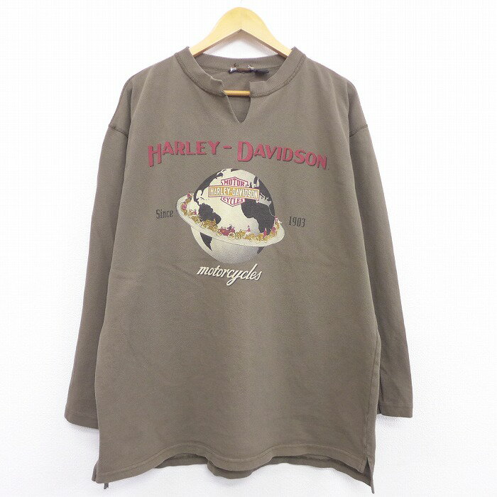 【中古】古着 長袖 ビンテージ ヴィンテージ サーマルTシャツ 00年代 00s ハーレーダビッドソン Harley Davidson モーターサイクル 地球 大きいサイズ 2L LL ビッグシルエット ゆったり ビッグサイズ オーバーサイズ コットン 鹿の子 USA製 アメリカ製 緑系 グリーン X