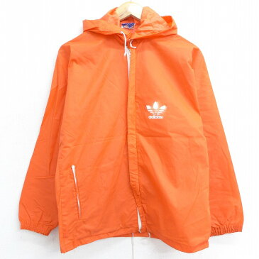 【中古】古着 長袖 ナイロンジャケットパーカー 80年代 80s アディダス adidas ワンポイントロゴ リーフ トレフォイル ラグラン フランス製 オレンジ Sサイズ 小さいサイズ 中古 メンズ アウター ウインドブレーカー | 春夏 春物 春服 秋冬 秋物 秋服 カジュアル メン