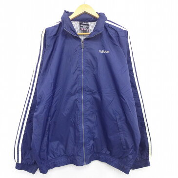 【中古】古着 長袖 ナイロンジャケット 90年代 90s アディダス adidas ワンポイントロゴ ラグラン 大きいサイズ 2L LL ビッグシルエット ゆったり ビッグサイズ オーバーサイズ 紺 ネイビー 3本ライン 内側メッシュ XLサイズ 中古 メンズ アウター ウインドブレーカー