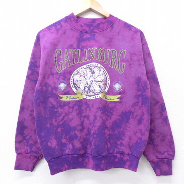 【中古】古着 レディース 長袖スウェット 80年代 80s カドリンバーグ 花 クルーネック 丸首 USA製 アメリカ製 紫 パープル ブリーチ加工 中古 スエット トレーナー トップス | 春夏 春物 春服 秋冬 秋物 秋服 カジュアル レディースファッション おしゃれ かわいい 0OF
