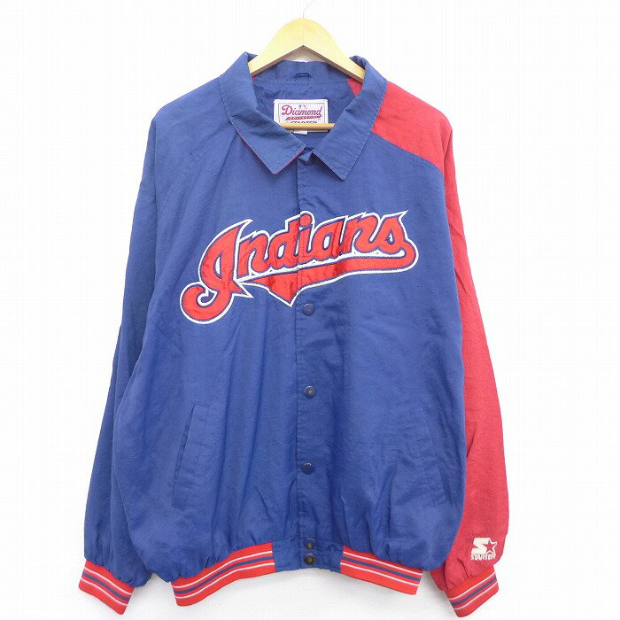 【中古】古着 長袖 ナイロンジャケット 90年代 90s スターター STARTER MLB クリーブランドインディアンス 刺繍 大きいサイズ 2L LL ビッグシルエット ゆったり ビッグサイズ オーバーサイズ ラグラン ツートンカラー バイカラー 赤 レッド メジャーリーグ ベースボー