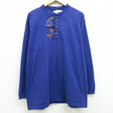 【中古】古着 長袖 ビンテージ ヴィンテージTシャツ 00年代 00s ディズニー DISNEY グーフィー 刺繍 コットン ヘンリーネック 青紫 XLサイズ 中古 メンズ | 春夏 春物 春服 秋冬 秋物 秋服 メンズファッション ロンT カットソー ロンティー ロングT ロングTシャツ ロン