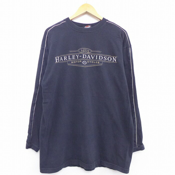 【中古】古着 長袖 ビンテージ ヴィンテージTシャツ 00年代 00s ハーレーダビッドソン Harley Davidson モーターサイクル 大きいサイズ 2L LL ビッグシルエット ゆったり ビッグサイズ オーバーサイズ コットン クルーネック 丸首 黒 ブラック ライン XLサイズ 中古 メ