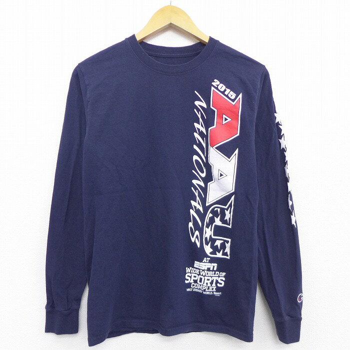 【中古】古着 長袖Tシャツ チャンピオン Champion AAU クルーネック 丸首 紺 ネイビー Sサイズ 小さいサイズ 中古 メンズ | 春夏 春物 春服 秋冬 秋物 秋服 メンズファッション ロンT カットソー ロンティー ロングT ロングTシャツ ロングティーシャツ ロング丈 長袖テ 0OF