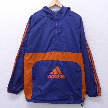 【中古】古着 長袖 ナイロンジャケット アノラックパーカー 90年代 90s アディダス adidas ビッグロゴ 紺他 ネイビー 3本ライン Lサイズ 中古 メンズ アウター ウインドブレーカー | 春夏 春物 春服 秋冬 秋物 秋服 カジュアル メンズファッション ファッション おしゃ 0OF