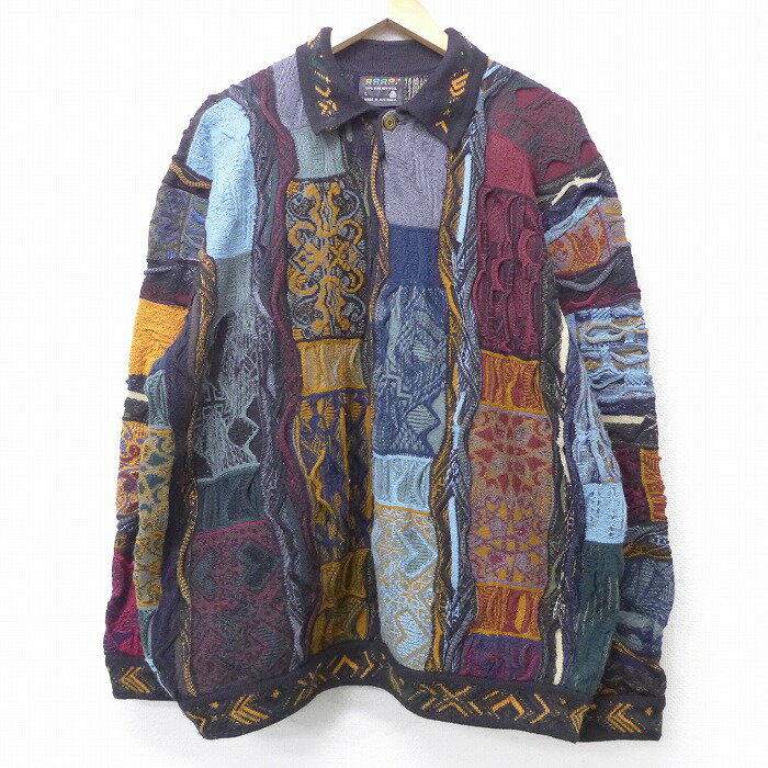 【中古】古着 長袖 セーター クージー COOGI 3Dニット 襟付き ウール 大きいサイズ 2L LL ビッグシルエット ゆったり ビッグサイズ オーバーサイズ オーストラリア製 黒他 ブラック 【spe】 XLサイズ 中古 メンズ ニット トップス | 春夏 春物 春服 秋冬 秋物 秋服 メ