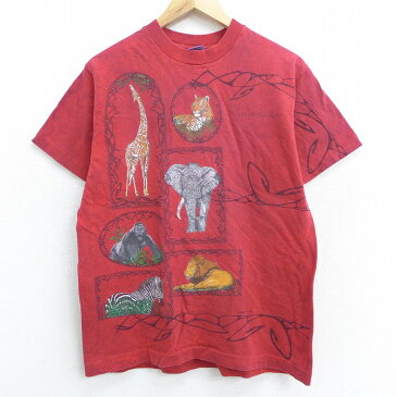 【中古】古着 半袖 ビンテージ ヴィンテージTシャツ 90年代 90s キリン ゴリラ シマウマ コットン クルーネック 丸首 USA製 アメリカ製 赤 レッド タイダイ 【spe】 Mサイズ 中古 メンズ | 春夏 夏物 夏服 ヴィンテージTシャツ メンズファッション カットソー ティーシ 0OF