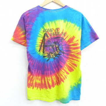 【中古】古着 半袖Tシャツ アート 絵具 コットン クルーネック 丸首 水色他 タイダイ Mサイズ 中古 メンズ 中古メンズ半袖プリントキャラクター 0OF