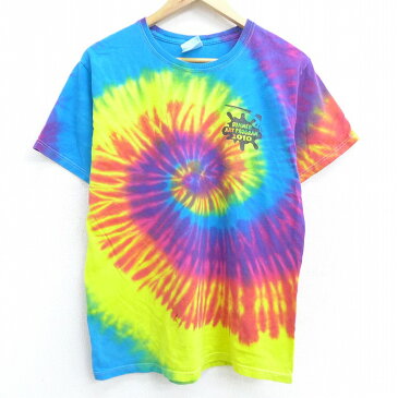 【中古】古着 半袖Tシャツ アート 絵具 コットン クルーネック 丸首 水色他 タイダイ Mサイズ 中古 メンズ 中古メンズ半袖プリントキャラクター 0OF