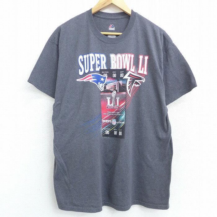 【中古】古着 半袖Tシャツ マジェスティック NFL アトランタファルコンズ ニューイングランドペイトリオッツ クルーネック 丸首 濃グレー 霜降り アメフト スーパーボウル XLサイズ 中古 メンズ 中古メンズ半袖プリントキャラクター 0OF