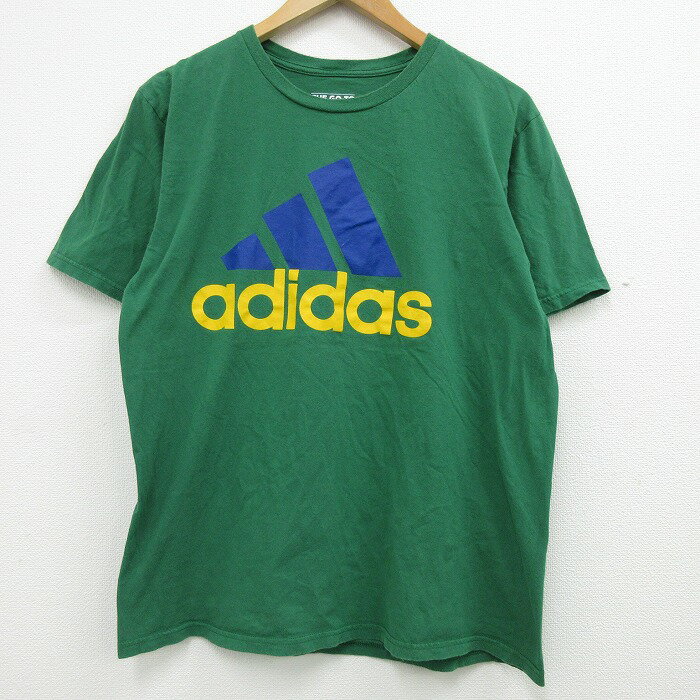 【中古】古着 半袖 ブランドTシャツ アディダス adidas ビッグロゴ コットン クルーネック 丸首 緑 グリーン Lサイズ 中古 メンズ | 春夏 夏物 夏服 メンズファッション カットソー ティーシャツ ティシャツ メンズTシャツ 半袖Tシャツ 半袖ティーシャツ カジュアルTシ 0OF