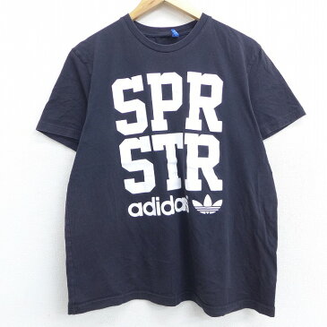 【中古】古着 半袖 ブランドTシャツ アディダス adidas ビッグロゴ リーフ トレフォイル SPR STR コットン クルーネック 丸首 黒 ブラック XLサイズ 中古 メンズ | 春夏 夏物 夏服 メンズファッション カットソー ティーシャツ ティシャツ メンズTシャツ 半袖Tシャツ