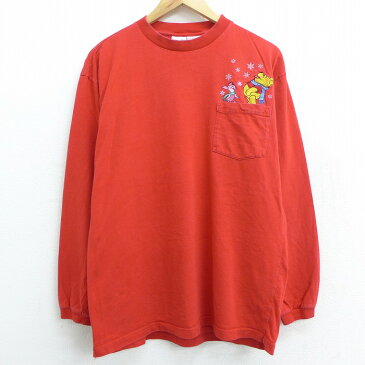 【中古】古着 長袖Tシャツ 00年代 00s ディズニー DISNEY くまのプーさん ピグレット 刺繍 胸ポケット付き コットン クルーネック 丸首 赤 レッド Lサイズ 中古 メンズ | 春夏 春物 春服 秋冬 秋物 秋服 メンズファッション ロンT カットソー ロンティー ロングT ロン
