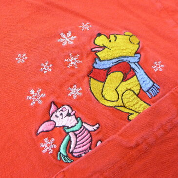 【中古】古着 長袖Tシャツ 00年代 00s ディズニー DISNEY くまのプーさん ピグレット 刺繍 胸ポケット付き コットン クルーネック 丸首 赤 レッド Lサイズ 中古 メンズ | 春夏 春物 春服 秋冬 秋物 秋服 メンズファッション ロンT カットソー ロンティー ロングT ロン