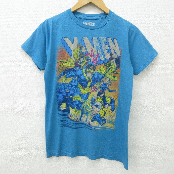 【中古】古着 半袖Tシャツ マーベル Xメン サイクロップス ウルヴァリン クルーネック 丸首 水色 霜降り Sサイズ 小さいサイズ 中古 メンズ 中古メンズ半袖プリントキャラクター