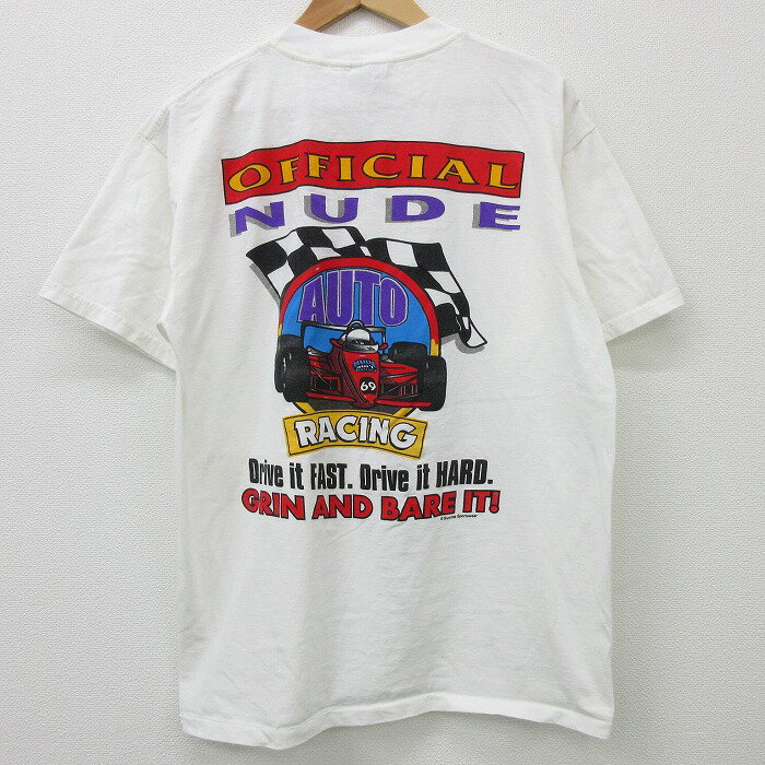 【中古】古着 半袖 ビンテージ ヴィンテージTシャツ 90年代 90s レーシングカー NUDE コットン クルーネック 丸首 白 ホワイト Lサイズ 中古 メンズ | 春夏 夏物 夏服 メンズファッション カットソー ティーシャツ ティシャツ メンズTシャツ 半袖Tシャツ 半袖ティーシ