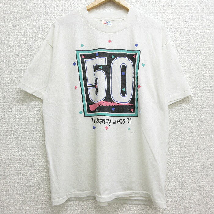 【中古】古着 半袖 ビンテージ ヴィンテージTシャツ 90年代 90s ヘインズ Hanes Live 50 クルーネック 丸首 USA製 アメリカ製 白 ホワイト XLサイズ 中古 メンズ | 春夏 夏物 夏服 ヴィンテージTシャツ メンズファッション カットソー ティーシャツ ティシャツ メンズT