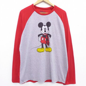 【中古】古着 長袖Tシャツ ディズニー DISNEY ミッキー MICKEY MOUSE ツートンカラー バイカラー ラグラン コットン 赤 レッド XLサイズ 中古 メンズ | 春夏 春物 春服 秋冬 秋物 秋服 メンズファッション ロンT カットソー ロンティー ロングT ロングTシャツ ロングテ