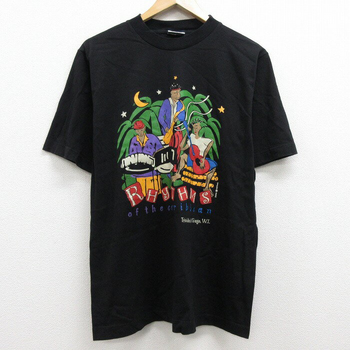 【中古】古着 半袖 ビンテージ ヴィンテージ ロックTシャツ バンドTシャツ 90年代 90s 楽器 RHYTHMS of the caribbean コットン クルーネック 丸首 黒 ブラック Mサイズ 中古 メンズ | 春夏 春物 春服 秋冬 秋物 秋服 メンズファッション ロンT カットソー ロンティー 0OF