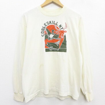【中古】古着 長袖 ビンテージ ヴィンテージTシャツ 80年代 80s 鳥 魚 シカ クルーネック 丸首 USA製 アメリカ製 生成り Lサイズ 中古 メンズ | 春夏 春物 春服 秋冬 秋物 秋服 メンズファッション ロンT カットソー ロンティー ロングT ロングTシャツ ロングティーシ