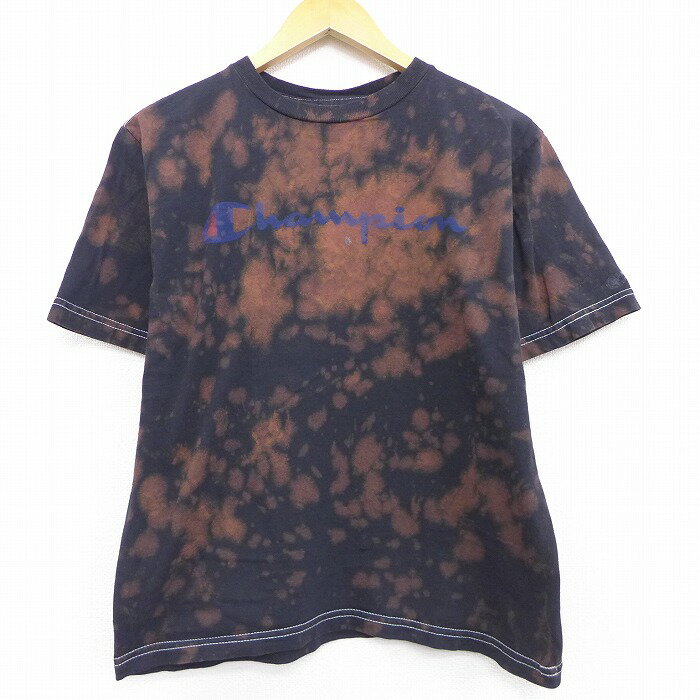 【中古】古着 チャンピオン champion 半袖Tシャツ キッズ ボーイズ 子供服 ビッグロゴ コットン クルーネック 丸首 黒 ブラック ブリーチ加工 中古 | 春夏 春物 春服 秋冬 秋物 秋服 カットソー レディースファッション ロンT ロング丈 おしゃれ かわいい ロンティー 0OF