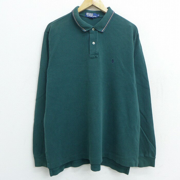 【中古】古着 ラルフローレン Ralph Lauren 長袖 ブランド ポロシャツ メンズ 90年代 90s ワンポイントロゴ 大きいサイズ 2L LL ビッグシルエット ゆったり ビッグサイズ オーバーサイズ コットン 鹿の子 緑 グリーン XLサイズ 中古 トップス | 春夏 春物 春服 秋冬 秋