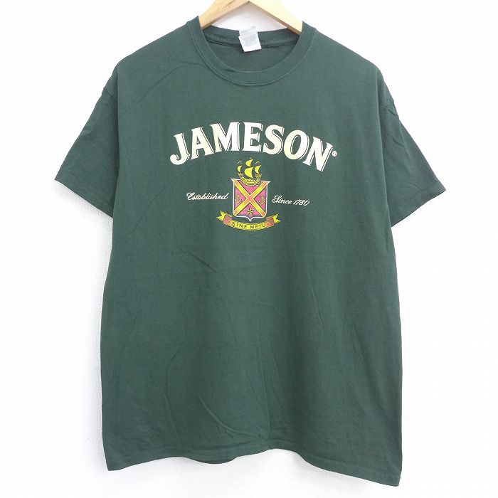 【中古】古着 半袖Tシャツ メンズ ウイスキー ジェムソン コットン クルーネック 丸首 緑 グリーン Lサイズ 中古 中古メンズ半袖プリントキャラクター