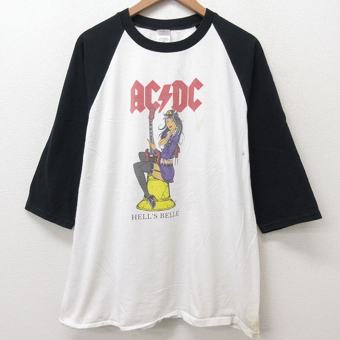 【中古】古着 7分袖 ビンテージ ヴィンテージ ロックTシャツ バンドTシャツ メンズ 00年代 00s AC/DC 大きいサイズ 2L LL ビッグシルエット ゆったり ビッグサイズ オーバーサイズ コットン クルーネック 丸首 白他 ホワイト XLサイズ 中古 7分丈 七分丈 七分袖 208405