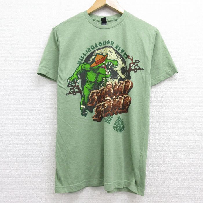 【中古】古着 半袖Tシャツ メンズ SWAMP STOMP ヒルズボロ川 クルーネック 丸首 緑 グリーン 霜降り Mサイズ 中古 中古メンズ半袖プリントキャラクター