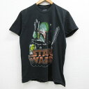 【中古】古着 半袖Tシャツ メンズ スターウォーズ STAR WARS ボバフェット コットン クルーネック 丸首 黒 ブラック Mサイズ 中古 中古メンズ半袖プリントキャラクター