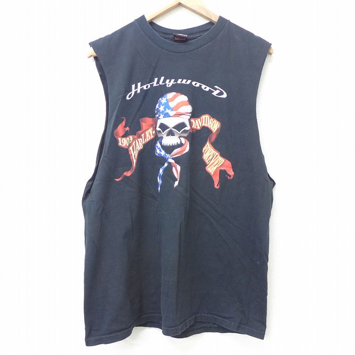 【中古】古着 ハーレーダビッドソン Harley Davidson ビンテージ ヴィンテージ ノースリーブTシャツ メンズ 90年代 90s ビッグロゴ スカル ハリウッド コットン クルーネック 丸首 USA製 アメリカ製 黒 ブラック Lサイズ 中古 春夏 夏物 夏服 メンズファッション カジ