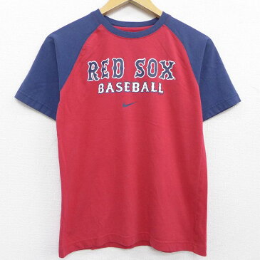 【中古】古着 ナイキ NIKE 半袖 ブランドTシャツ キッズ ボーイズ 子供服 MLB ボストンレッドソックス ラグラン ツートンカラー バイカラー クルーネック 丸首 赤 レッド メジャーリーグ ベースボール 野球 Sサイズ 小さいサイズ 中古 メンズ | 春夏 夏物 夏服 メンズ 0OF