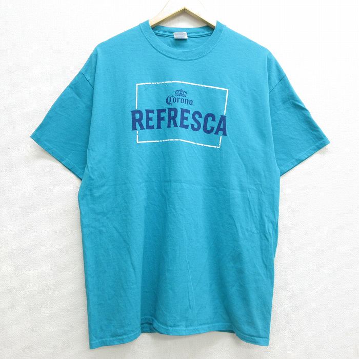 【中古】古着 半袖Tシャツ メンズ コロナビール REFRESCA 酒 コットン クルーネック 丸首 青緑系 XLサイズ 中古 中古メンズ半袖プリントキャラクター