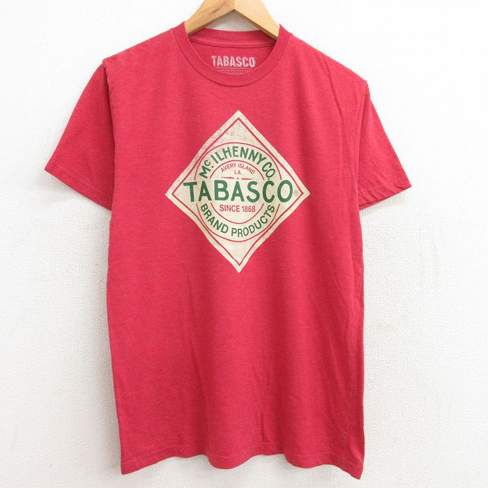 【中古】古着 半袖Tシャツ メンズ タバスコ クルーネック 丸首 赤 レッド 霜降り Mサイズ 中古 中古メンズ半袖プリントキャラクター