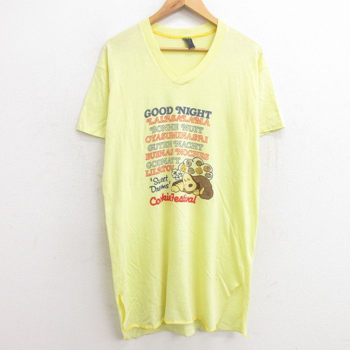 【中古】古着 半袖 ビンテージ ヴィンテージTシャツワンピース レディース 80年代 80s 犬 クッキー ロング丈 Vネック 黄 イエロー 中古 | 春夏 春物 春服 秋冬 秋物 秋服 カットソー レディースファッション ロンT ロング丈 おしゃれ かわいい ロンティー ロングT ロン