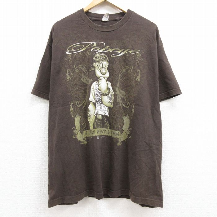 【中古】古着 半袖Tシャツ メンズ ポパイ コットン クルーネック 丸首 茶 ブラウン XLサイズ 中古 中古メンズ半袖プリントキャラクター