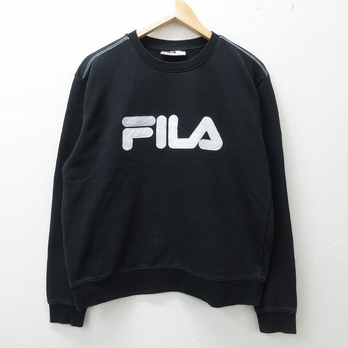 【中古】古着 フィラ FILA 長袖スウェット メンズ ビッグロゴ クルーネック 丸首 黒 ブラック Lサイズ 中古 スエット トレーナー トップス | 春夏 春物 春服 秋冬 秋物 秋服 メンズファッション カジュアル おしゃれ ファッション 0OF