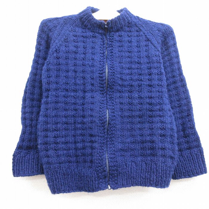 【中古】古着 長袖 フルジップ ニット カーディガン キッズ ボーイズ 子供服 70年代 70s ラグラン タロン 紺 ネイビー | 春夏 春物 春服 秋冬 秋物 秋服 女の子 子ども服 こども服 カジュアル ファッション おしゃれ かわいい