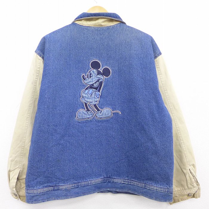 【中古】古着 長袖 デニムジャケット スタジャン メンズ 00年代 00s ディズニー DISNEY ミッキー MICKEY MOUSE 刺繍 大きいサイズ 2L LL ビッグシルエット ゆったり ビッグサイズ オーバーサイズ コットン ラグラン ツートンカラー バイカラー 紺 ネイビー 内側キルテ