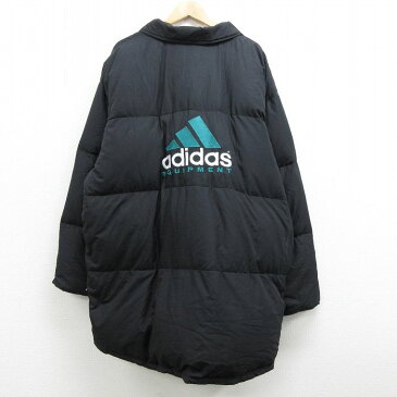 【中古】古着 アディダス adidas 長袖 キルティング ダウンジャケット ベンチコート メンズ 90年代 90s エキップメント ビッグロゴ 大きいサイズ 2L LL ビッグシルエット ゆったり ビッグサイズ オーバーサイズ ロング丈 黒 ブラック 内側キルティング 【spe】 XLサイ 0OF