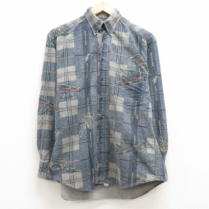 【中古】古着 ウールリッチ WOOLRICH 長袖 フランネルシャツ メンズ 90年代 90s カヌー テント ラケット 総柄 コットン ボタンダウン 薄紺他 ネイビー チェック Lサイズ 中古 トップス | 秋冬 秋物 秋服 冬物 冬服 カジュアルシャツ メンズファッション 長袖シャツ お 0OF