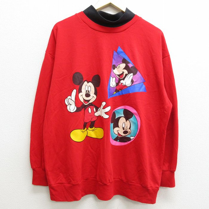 【中古】古着 長袖スウェット メンズ 90年代 90s ディズニー DISNEY ミッキー MICKEY MOUSE 大きいサイズ 2L LL ビッグシルエット ゆったり ビッグサイズ オーバーサイズ モックネック ハイネック USA製 アメリカ製 赤 レッド 【spe】 XLサイズ 中古 スエット トレーナ