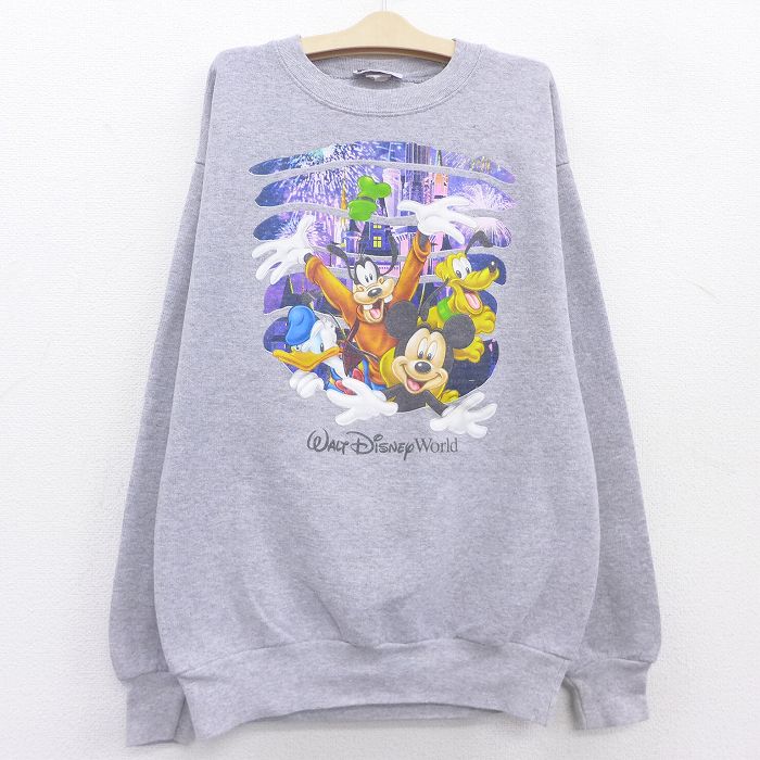 【中古】古着 ヘインズ Hanes 長袖スウェット キッズ ボーイズ 子供服 ディズニー DISNEY ミッキー MICKEY MOUSE ドナルド プルート 両面プリント クルーネック 丸首 グレー 霜降り | 春夏 春物 春服 秋冬 秋物 秋服 女の子 子ども服 こども服 カジュアル ファッション