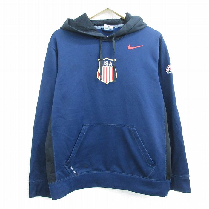 【中古】古着 ナイキ NIKE 長袖 トップスパーカー メンズ ワンポイントロゴ USホッケー サーマフィット 紺他 ネイビー Lサイズ 中古 スエット トレーナー | 春夏 春物 春服 秋冬 秋物 秋服 メンズファッション カジュアル おしゃれ ファッション 0OF