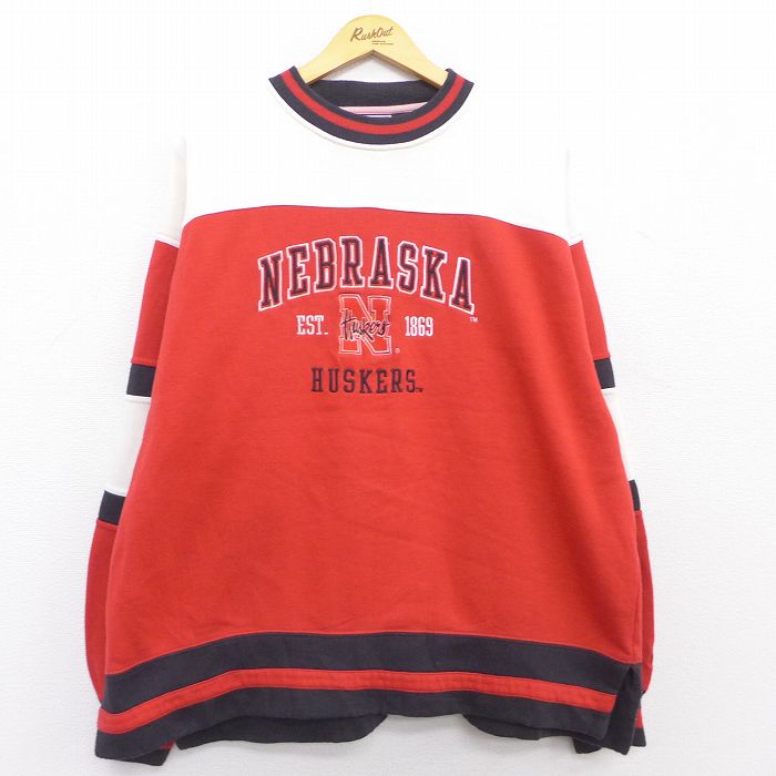 【中古】古着 長袖スウェット メンズ NEBRASKA HUSKERS 刺繍 マルチカラー 大きいサイズ 2L LL ビッグシルエット ゆったり ビッグサイズ オーバーサイズ コットン 赤他 レッド XLサイズ 中古 スエット トレーナー トップス | 春夏 春物 春服 秋冬 秋物 秋服 メンズファ 0OF