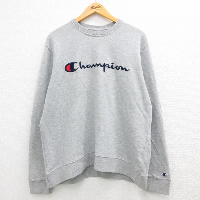 【中古】古着 チャンピオン champion 長袖スウェット メンズ ビッグロゴ 刺繍 クルーネック 丸首 グレー 霜降り XLサイズ 中古 スエット トレーナー トップス | 春夏 春物 春服 秋冬 秋物 秋服 メンズファッション カジュアル おしゃれ ファッション 0OF