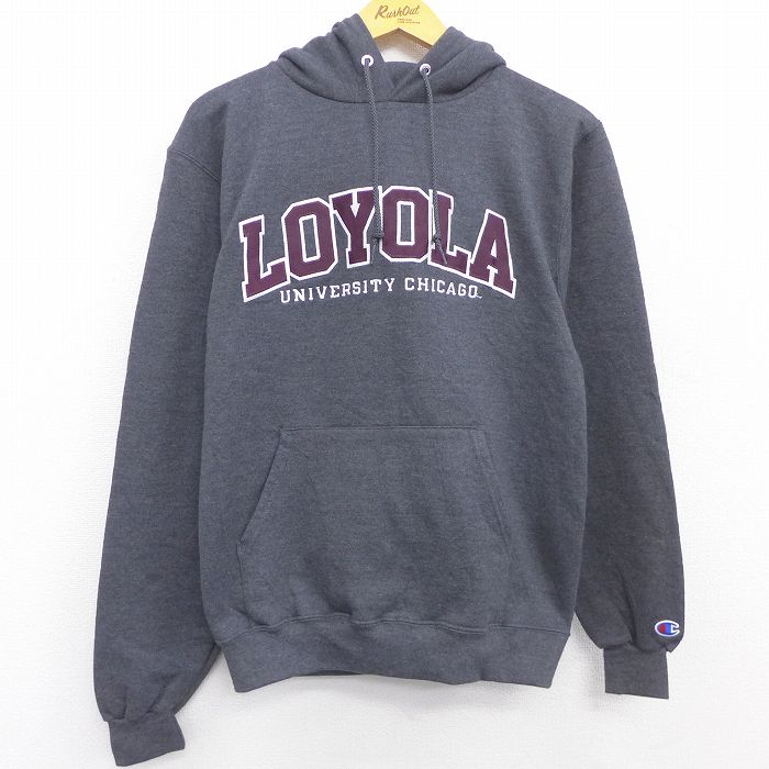 【中古】古着 チャンピオン champion 長袖スウェットパーカー メンズ LOYOLA カレッジ 刺繍 濃グレー 霜降り Mサイズ 中古 スエット トレーナー トップス | 春夏 春物 春服 秋冬 秋物 秋服 メンズファッション カジュアル おしゃれ ファッション 0OF