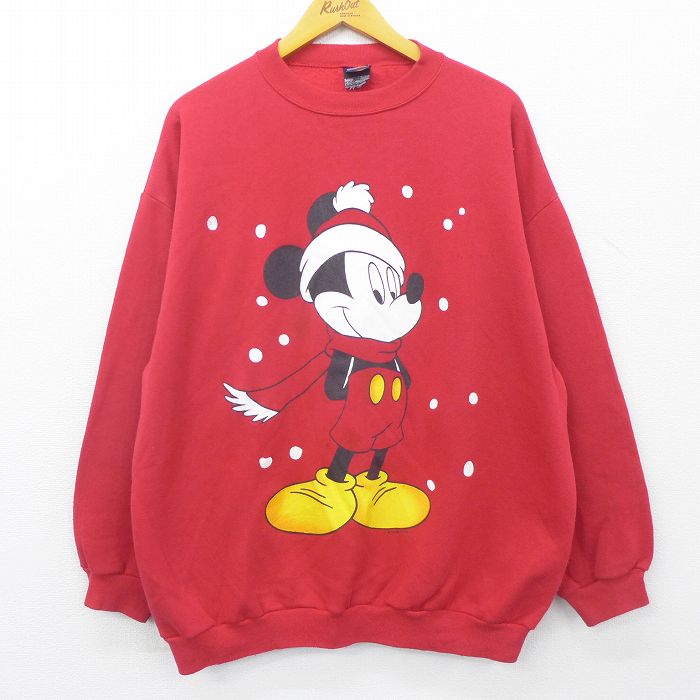 【中古】古着 長袖スウェット メンズ 90年代 90s ディズニー DISNEY ミッキー MICKEY MOUSE クルーネック 丸首 赤 レッド XLサイズ 中古 スエット トレーナー トップス | 春夏 春物 春服 秋冬 秋物 秋服 メンズファッション カジュアル おしゃれ ファッション